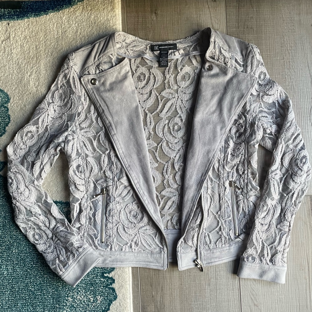 INC International Concepts Grey Lace Faux Suede Patch Moto Jacket